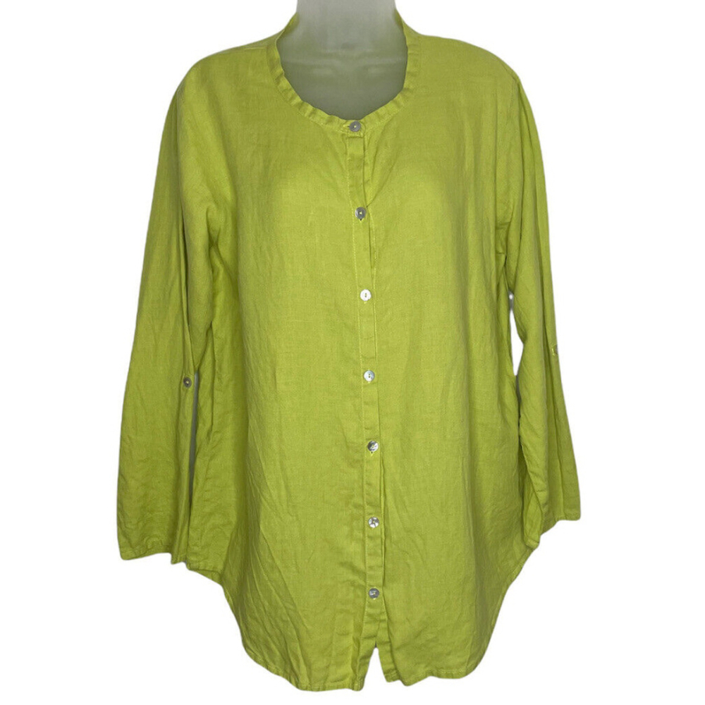 Flax Women Linen Tunic Top Small Chartreuse Button Down‎ Lagenlook Minimalist
